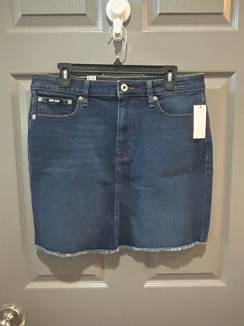 DKNY Indigo Denim Skirt with Raw Hem